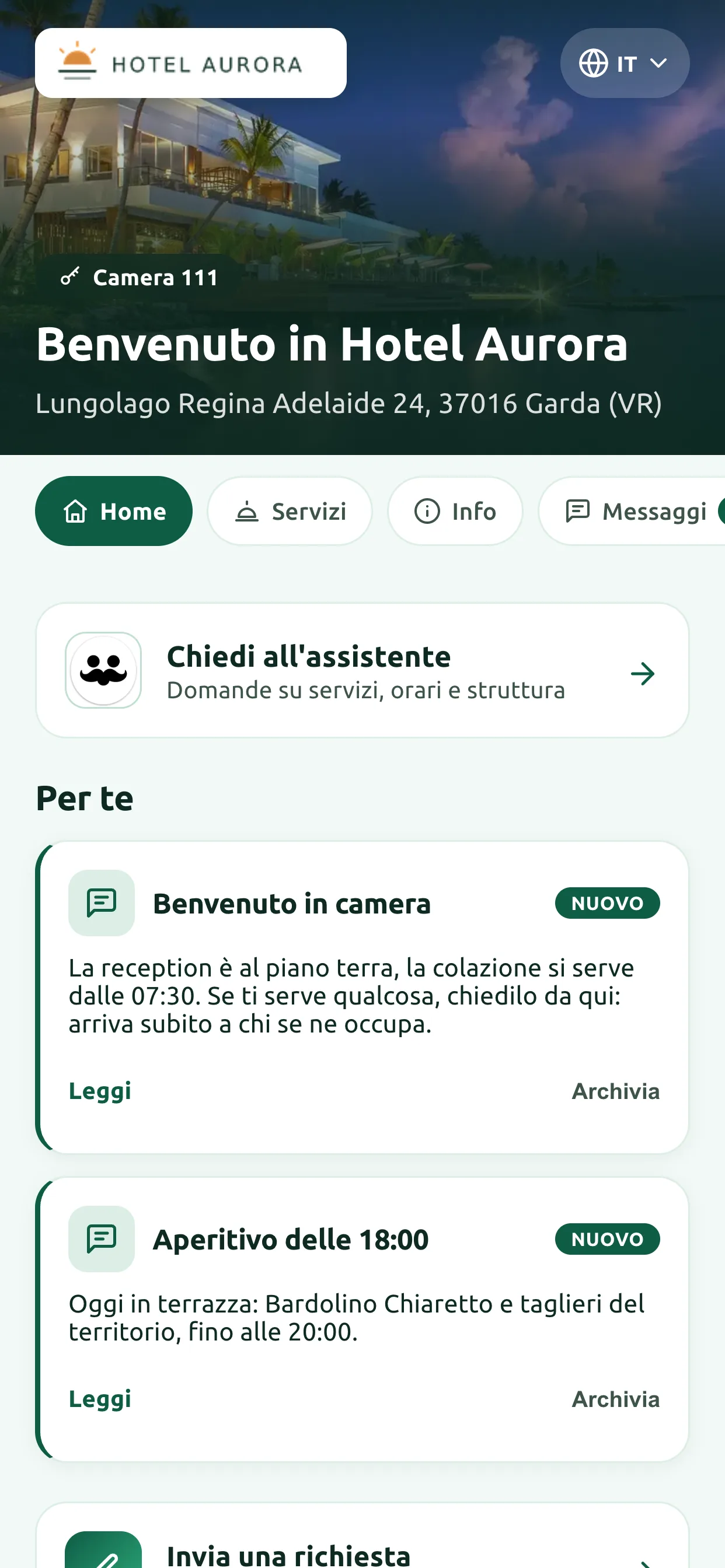 La home di ConSergio.ai, con il concierge virtuale alla reception