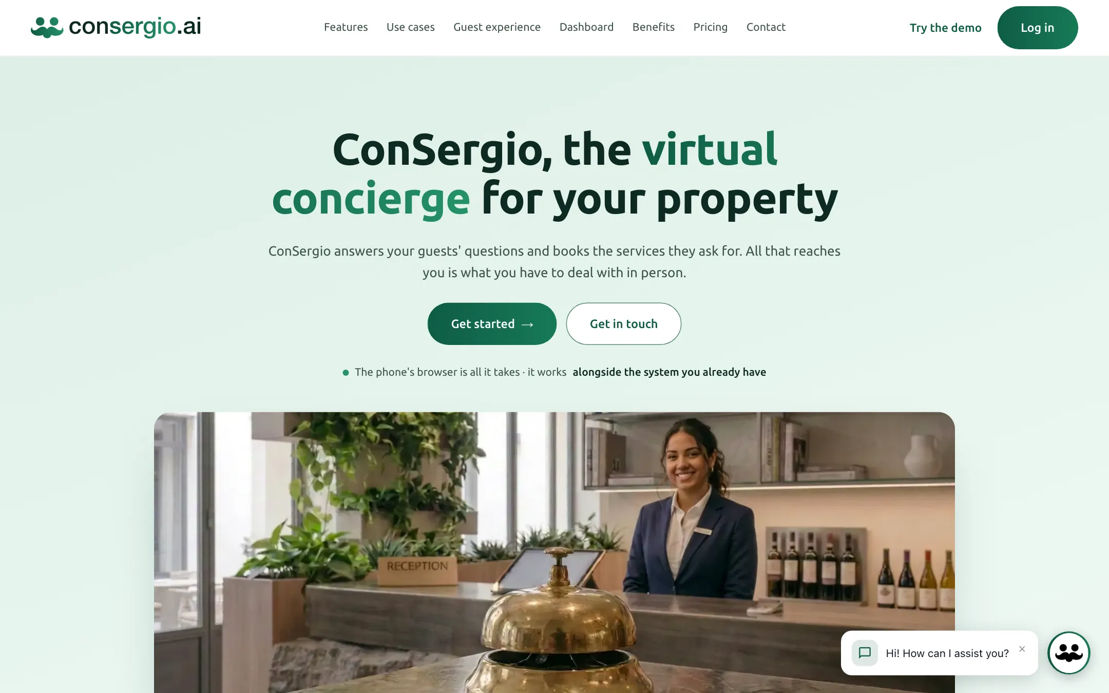 The ConSergio.ai home page, with the virtual concierge at the front desk