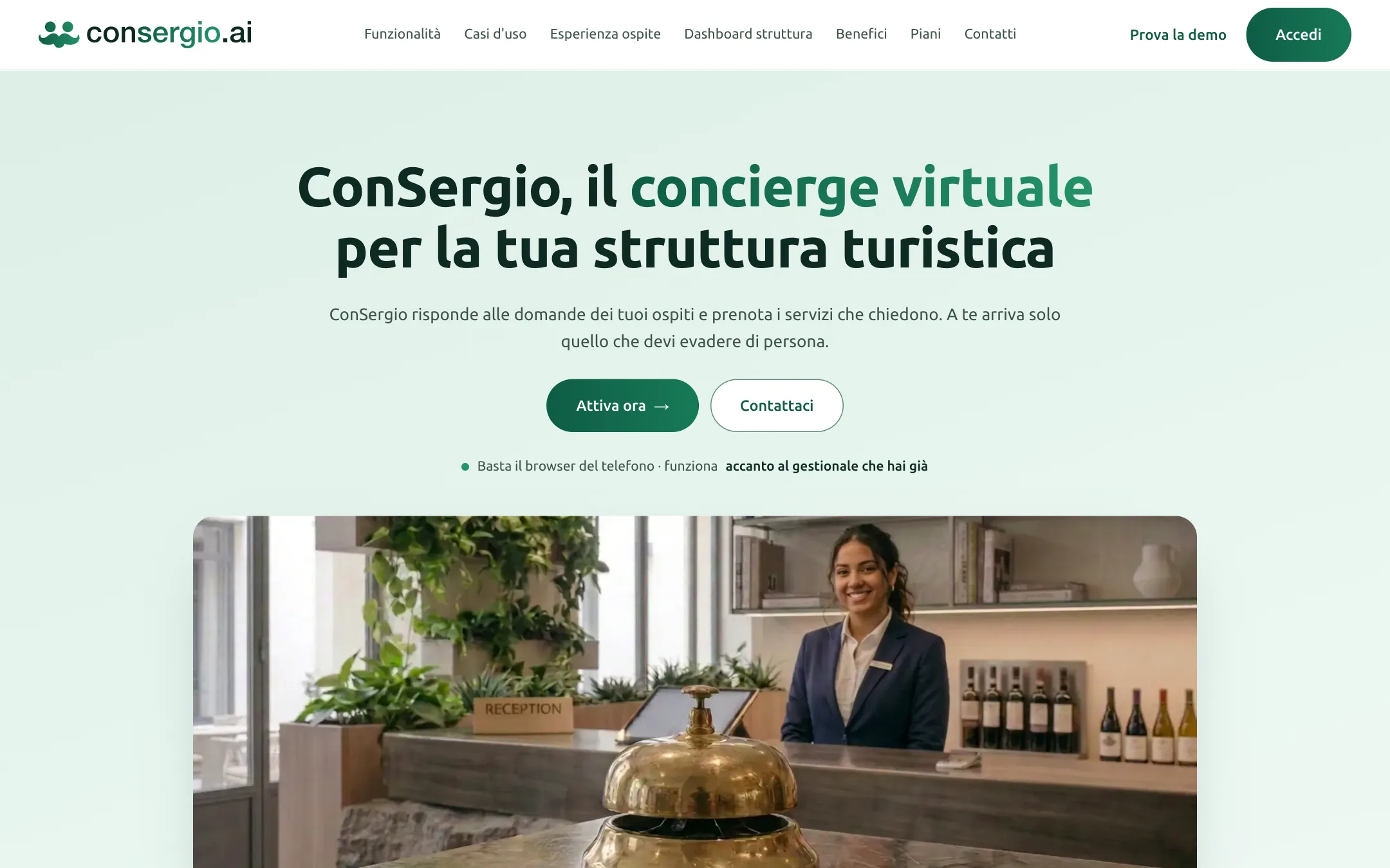 La home di ConSergio.ai, con il concierge virtuale alla reception