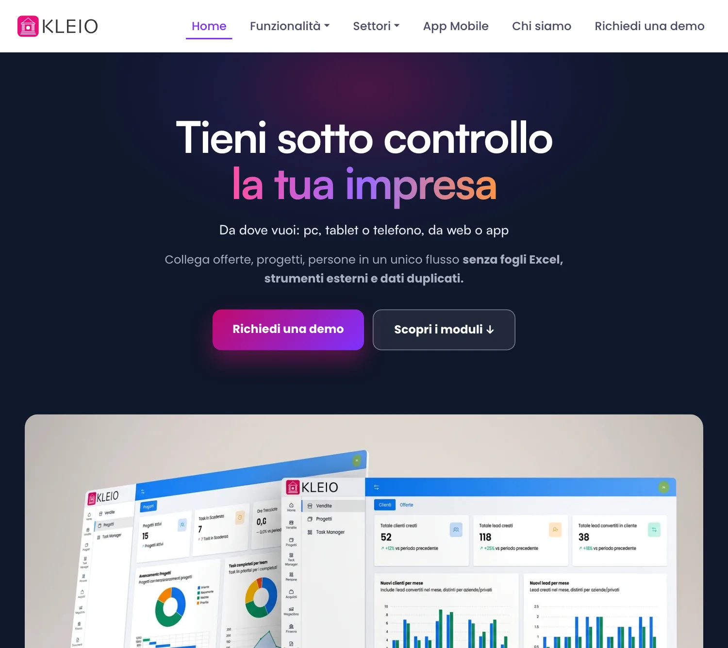 La home di kleio.cloud, con i moduli del gestionale