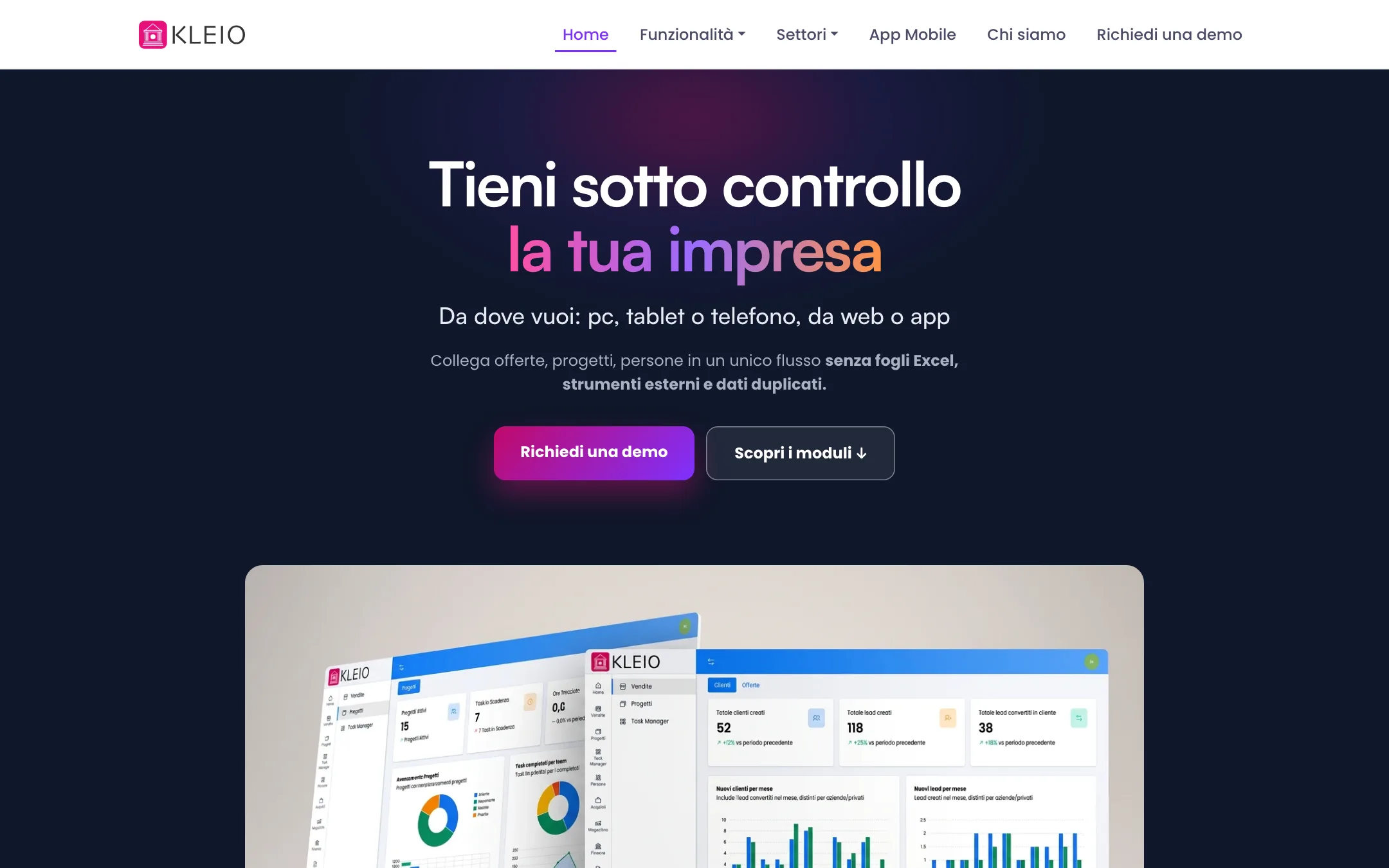 La home di kleio.cloud, con i moduli del gestionale