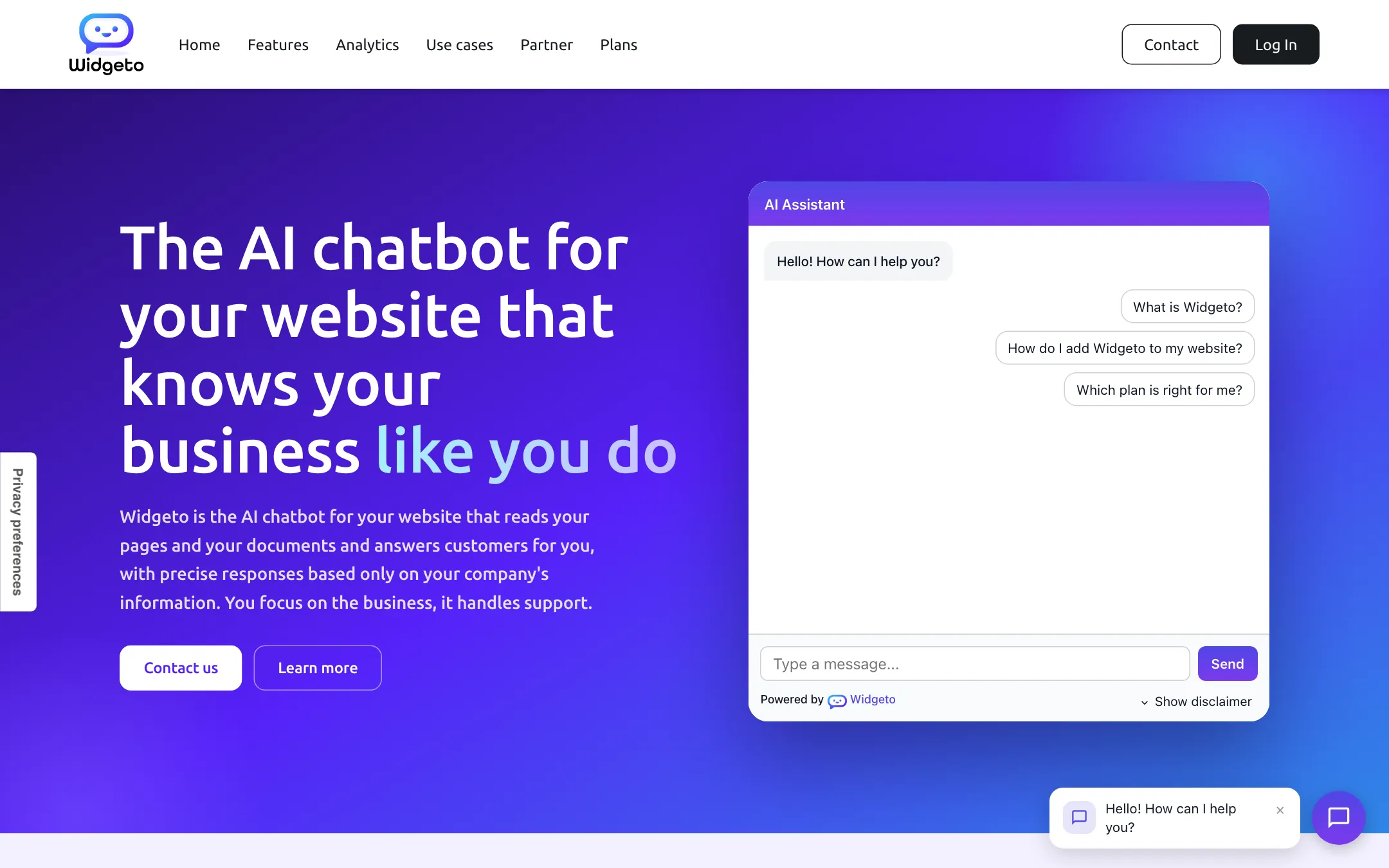 The Widgeto.ai home page: the chatbot answering in a sample conversation