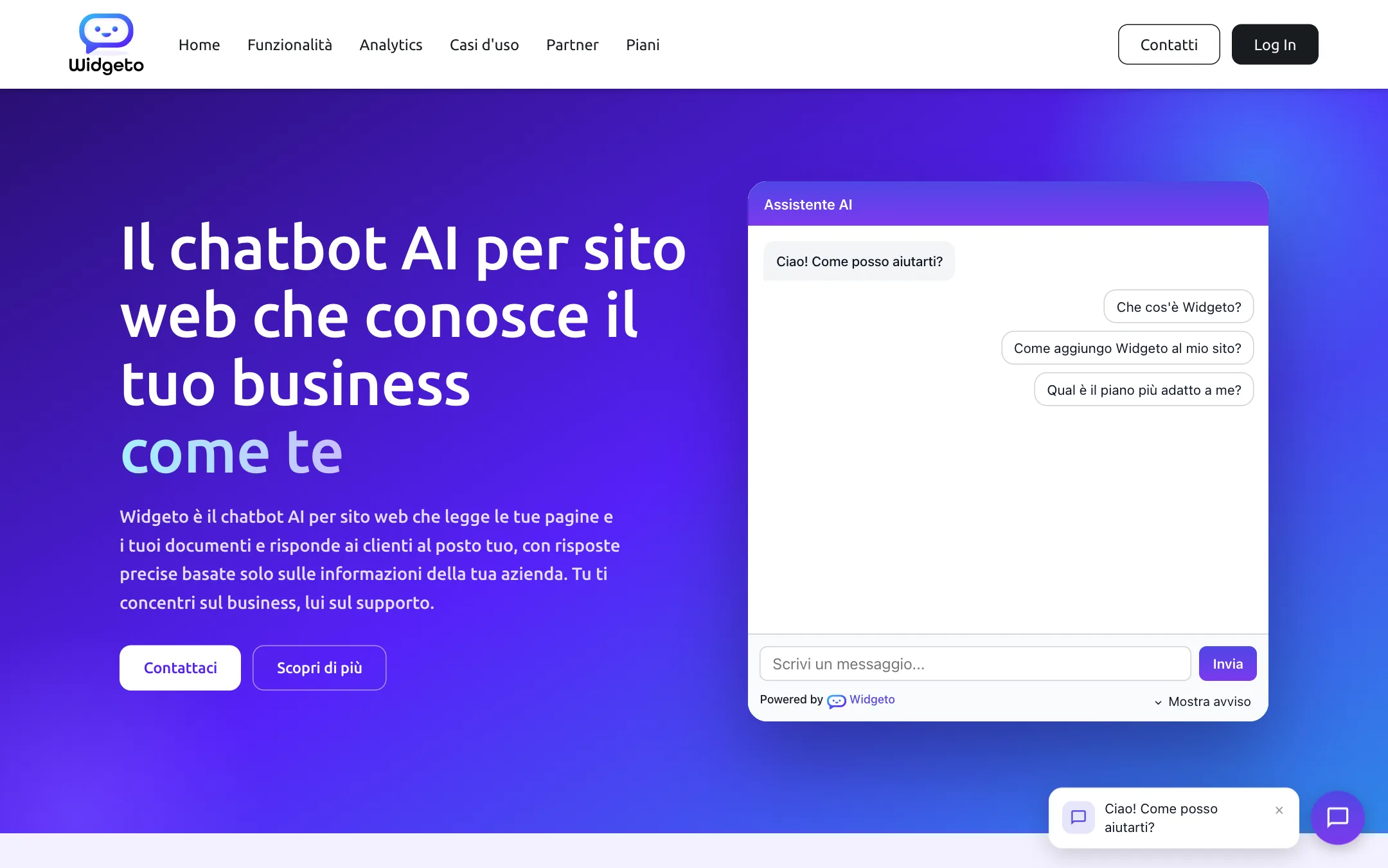 La home di Widgeto.ai: il chatbot risponde in una conversazione di esempio