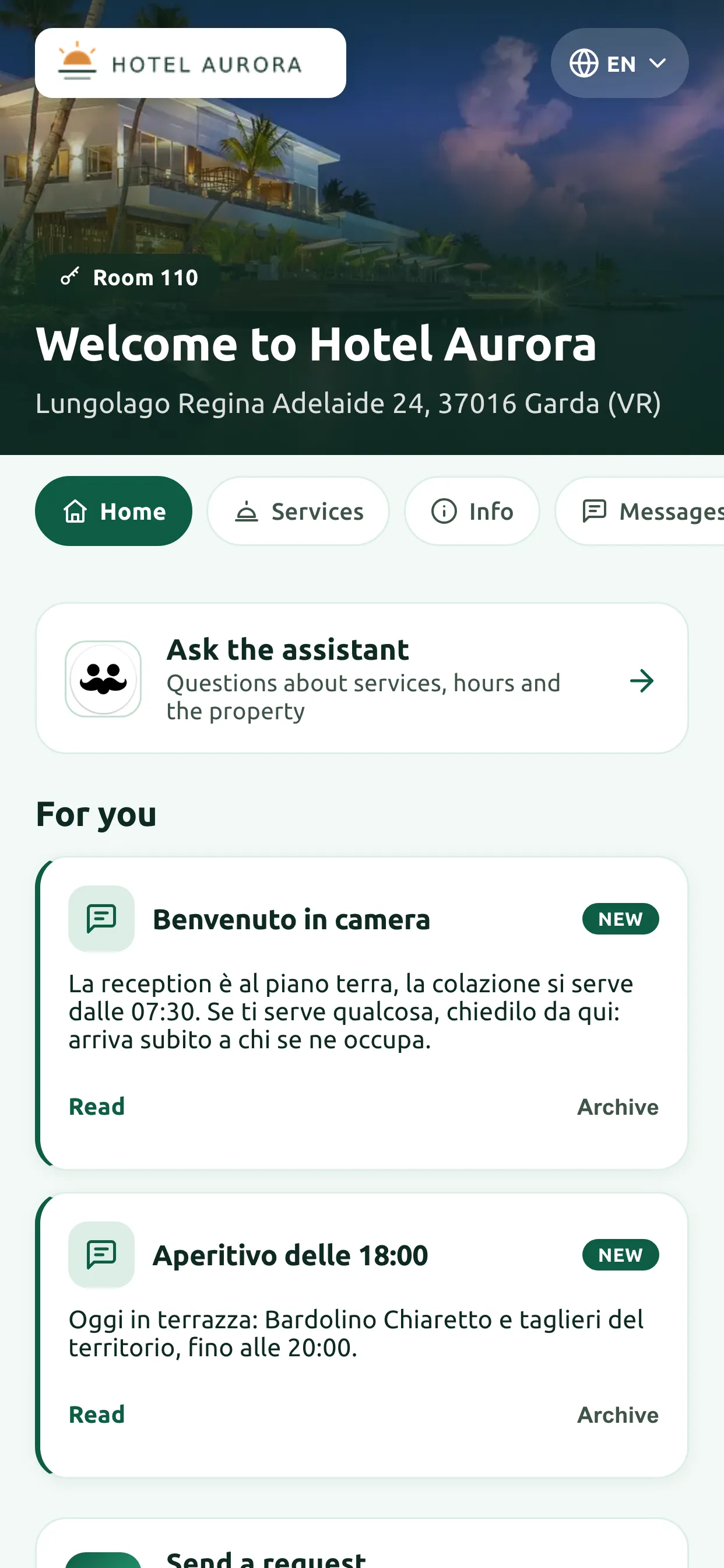 The ConSergio.ai home page, with the virtual concierge at the front desk