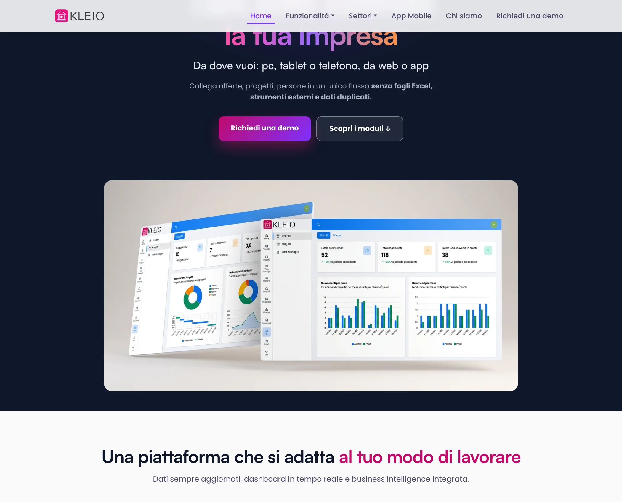 La home di kleio.cloud, con i moduli del gestionale